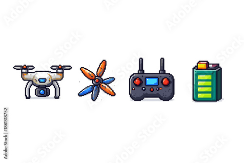 Pixel art drone, propeller, remote control, and battery icons for gaming or tech projects