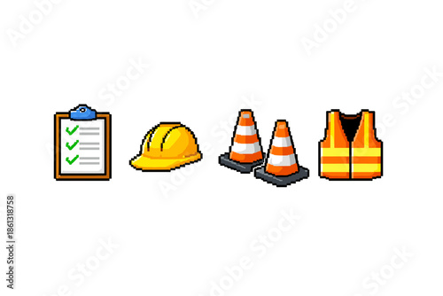 Pixel art icons for construction safety and planning, a checklist, hard hat, cones, and vest