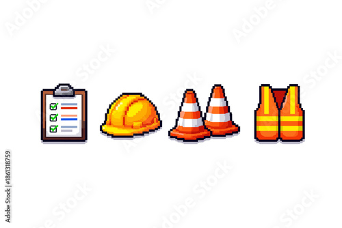 Pixel art construction safety equipment and checklist on white background