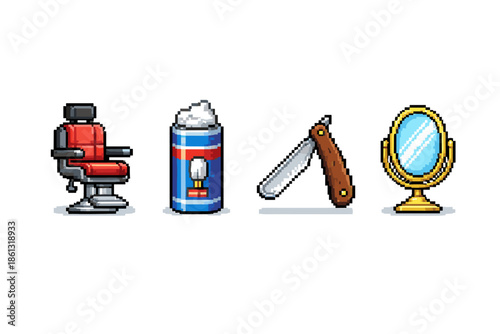 Pixel art barber shop icons: chair, shaving cream, razor, and mirror