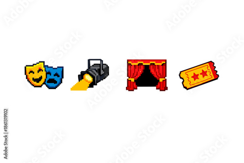 Pixel art icons representing theater, performance, and entertainment elements