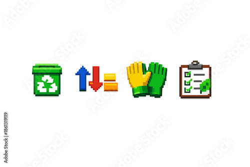 Pixel art icons representing recycling, data sorting, gardening gloves, and a checklist