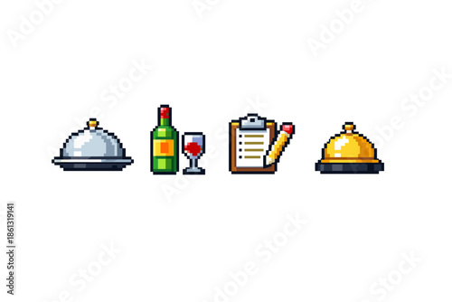Pixel art icons for restaurant service, dining, and hospitality