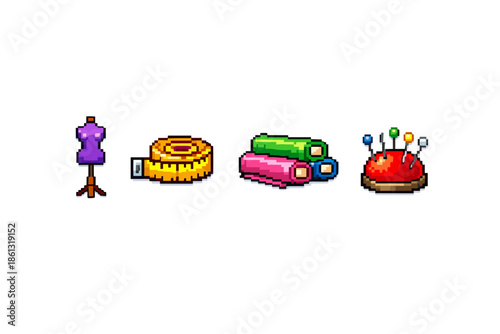 Pixel art sewing kit with mannequin, measuring tape, fabric rolls, and pincushion