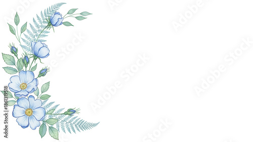 Minimal elegant watercolor floral corner border featuring wild roses and fern in pastel blue isolated on white background