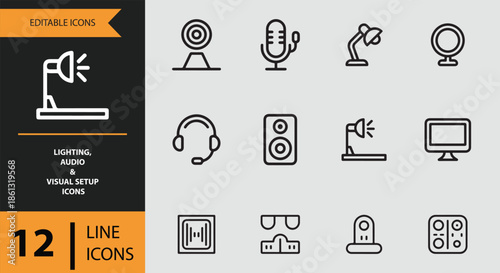 Editable line icons for modern lighting, audio, and visual setup equipment