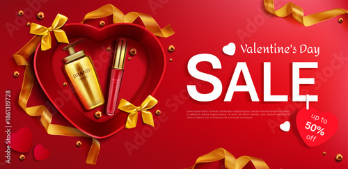 Valentine’s Day Sale Advertisement with Heart-Shaped Box, Cosmetics, Golden Ribbons, and Discount Tag