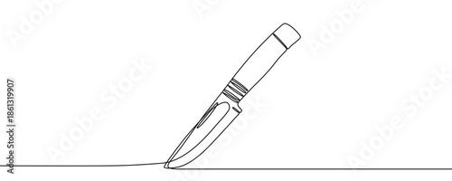 Survival knife or hunting knife with a fixed blade and a handle with a guard. Drawing in one line art style with editable black stroke on a white background. Vector illustration.