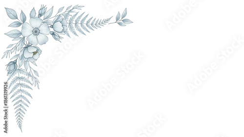 Minimal elegant watercolor floral corner border featuring wild roses and fern in pastel blue isolated on white background