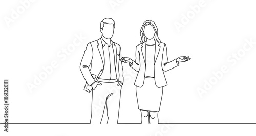 Two people, a man and a woman, dressed in business suits, standing together. Drawing in one line art style with editable black stroke on a white background. Vector illustration.