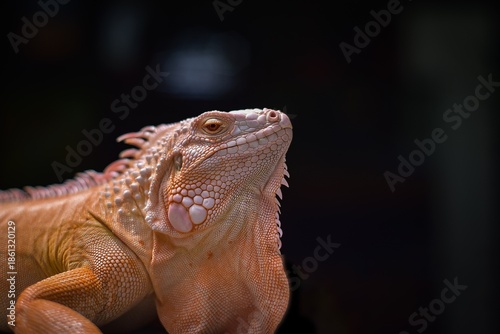 Side view of orange iguana face close up with dark background