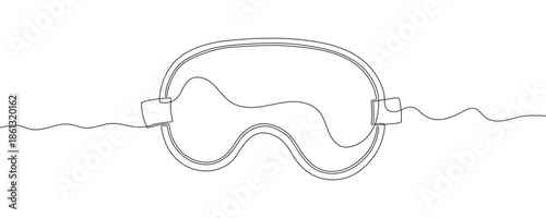 Ski or snowboard goggles with an elastic strap. Drawing in one line art style with editable black stroke on a white background. Vector illustration.