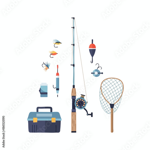 Vector illustration of fishing gear rod, lures, tackle box, net, and accessories