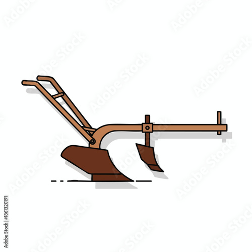 An illustrated farming plow, brown and tan, side view, on white, simple style