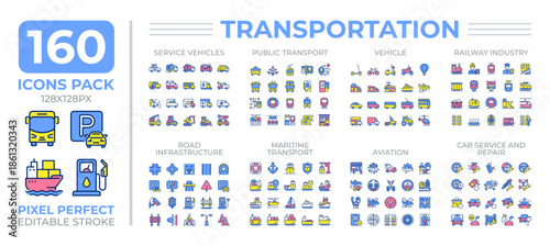 Transportation colorful icons set collectio. Road service. System of passengers and cargoes carrying mega pack of flat line symbols, pixel perfect. Isolated vector illustrations. Editable stroke