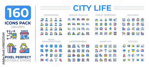 City life colorful icons set collectio. Lifestyle in urban areas. Environment for social interaction mega pack of flat line symbols, pixel perfect. Isolated vector illustrations. Editable stroke