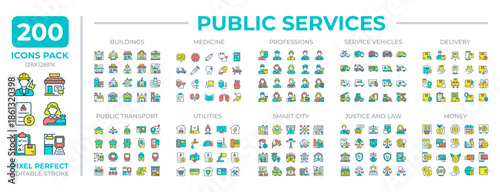 Public services colorful icons set collectio. Meeting community needs. Ensuring social welfare industry mega pack of flat line symbols, pixel perfect. Isolated vector illustrations. Editable stroke