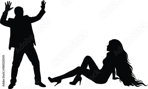 Silhouette confrontation scene showing man raising hands and woman sitting distressed, symbolizing conflict, fear, domestic tension and emotional crisis concept illustration