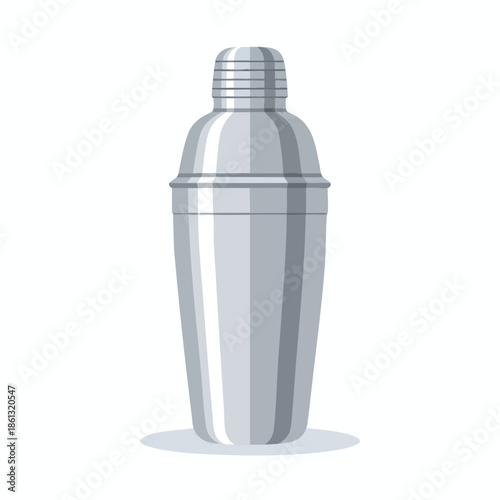 A silver cocktail shaker with a rounded top and conical body