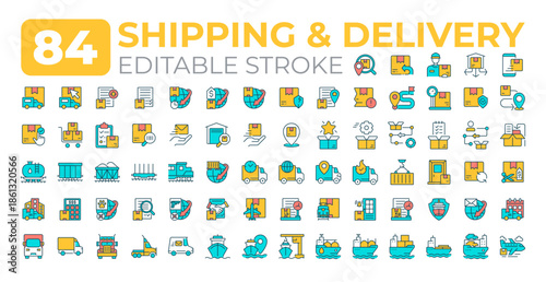 Shipping and delivery colorful icons big set. Freight transportation industry. Cargo distribution service maintenance iconset color linear symbols. Vector isolated flat illustrations. Editable stroke