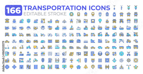 Transportation industry colorful icons big set. Road infrastructure development. Traffic regulation service iconset color linear symbols. Vector isolated flat illustrations. Editable stroke