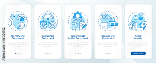Production constraints blue onboarding mobile app screen. Walkthrough 5 steps editable graphic instructions with linear concepts. UI, UX, GUI. Montserrat SemiBold, Regular fonts used