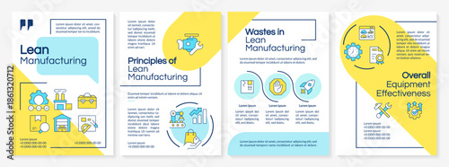 Lean manufacturing blue and yellow brochure layout. Customer value, production system. Leaflet advertising design with color line icons. Editable 4 pages. Questrial, Lato-Regular fonts used