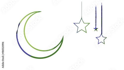 Minimalist vector illustration of a golden crescent moon and a hanging star, elegant linework, isolated on a clean white background, luxury Islamic style.