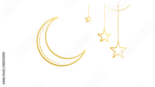 Minimalist vector illustration of a golden crescent moon and a hanging star, elegant linework, isolated on a clean white background, luxury Islamic style.