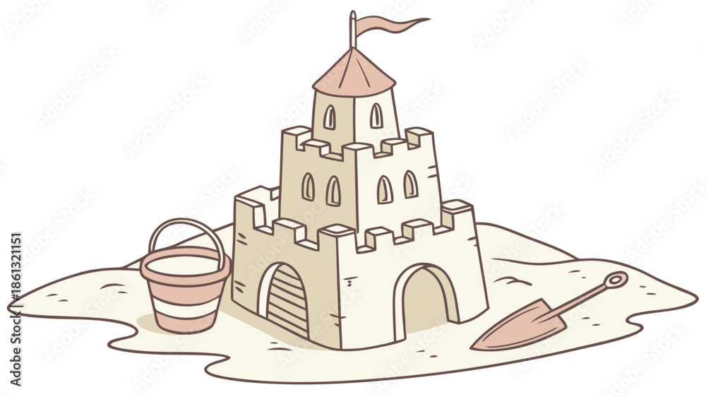 Fototapeta premium Whimsical sandcastle with bucket and spade on a sandy beach, storybook illustration
