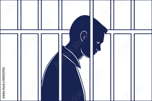 Depressed prisoner silhouette behind jail bars, vector illustration representing confinement and sadness.