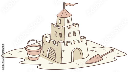 Whimsical sandcastle with bucket and spade on a sandy beach, storybook illustration