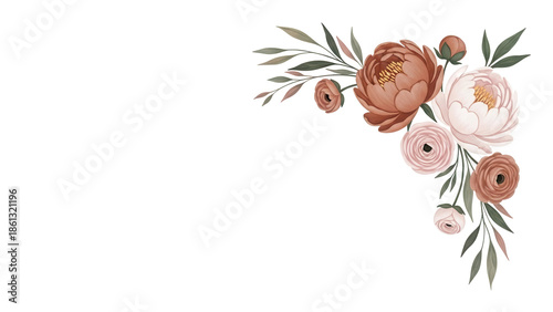Minimal hand painted floral corner element featuring peonies and ranunculus in muted terracotta isolated on white background