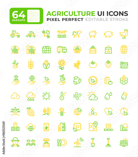 Agriculture colorful line ui icons set. Livestock animals, ecology preservation. Weather forecast. Isolated vector duotone linear symbols pack. User interface elements, pixel perfect