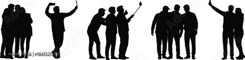 Group people silhouette taking selfies, friends social media lifestyle photography poses illustration isolated on white background modern communication concept vector