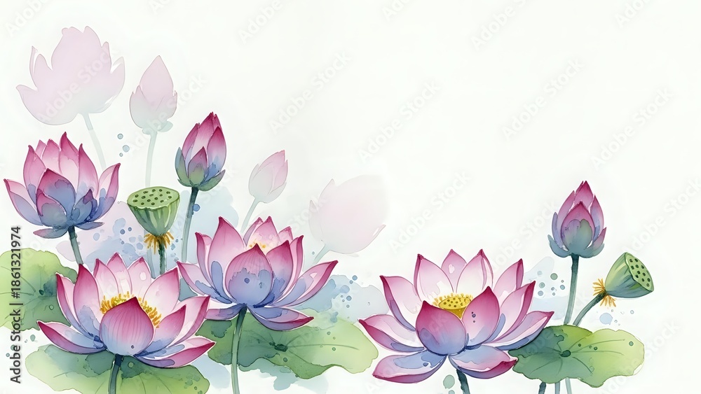Fototapeta premium Watercolor lotus flowers and buds with green leaves on white background, isolated floral elements for greeting cards and decorative designs.