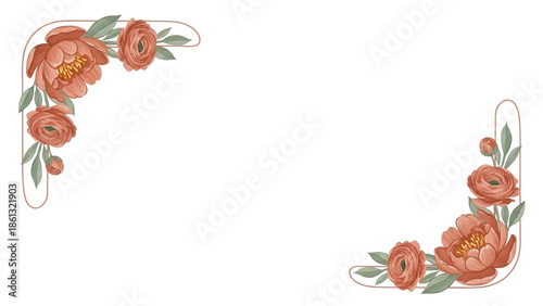 Minimal hand painted floral corner element featuring peonies and ranunculus in muted terracotta isolated on white background