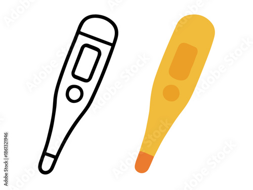 Simple digital thermometer illustration with a colored version and an outline version, clean and minimal style suitable for icons, UI design, stickers, medical graphics, and educational materials.
