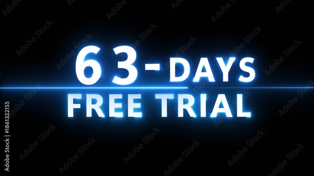 Fototapeta premium Glowing neon countdown illustration number on black background. Neon 63 countdown text number.