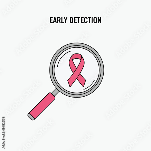 Illustration of a magnifying glass focusing on a pink ribbon symbolizing awareness and early detection for World Cancer Day against a clean white background with minimalistic design.