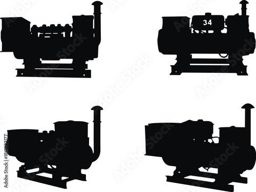 Industrial diesel generator silhouettes power equipment machinery energy backup illustration isolated on white background engineering mechanical technology set design vector