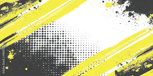 Dynamic yellow and black grunge background with abstract brush strokes and halftone pattern