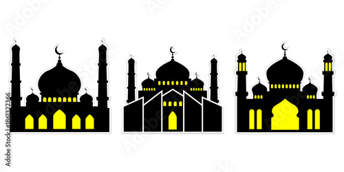 Black and yellow mosque silhouette set with crescent domes and minarets. Islamic architecture vector icons isolated on white background, ideal for Ramadan, Eid, religion, and Muslim design themes.