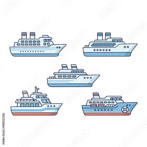 Vector illustrations of diverse modern cruise ships and passenger liners, ideal for maritime travel, ocean voyages, and global transportation concepts