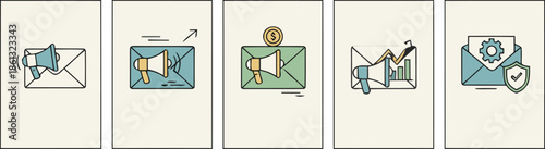Digital marketing and email campaign icons illustrating promotion advertising and secure communication
