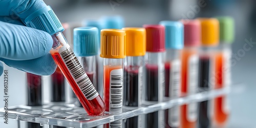 Laboratory technician in blue gloves holding blood sample tube with colorful collection vials in medical testing facility for diagnostic analysis.