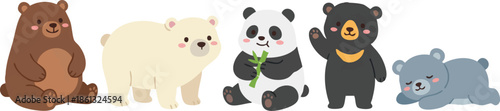 Cartoon bears and panda in various poses and colors.