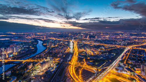 Photography Aerial top view of Moscow city day to night timelapse after sunset