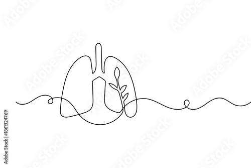 Human lungs one line art drawing with minimalist outline for medical and health concept
