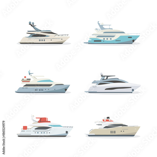 Collection of luxury yachts and motorboats on a white background, perfect for marine lifestyle and travel themes